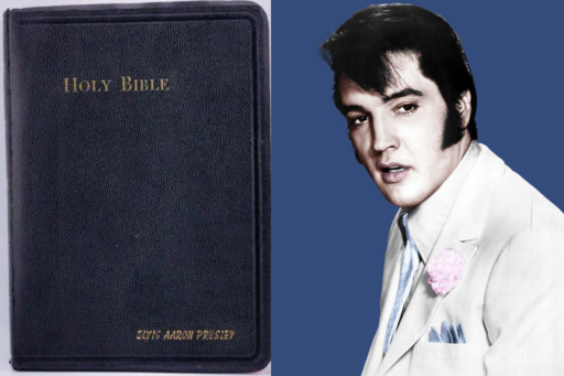 Montage d'une photo avec la Bible et le visage d'Elvis Presley