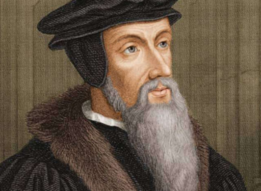 Gravure illustrant Jean Calvin. Il a une longue barbe grise et est habillé très sobrement.