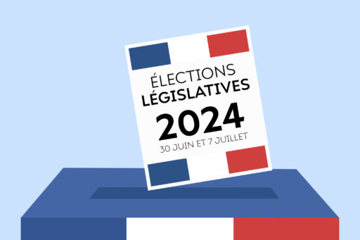 image d'un bulletin avec une inscription "élections législatives 2024" entrant dans une urne aux couleurs de la France