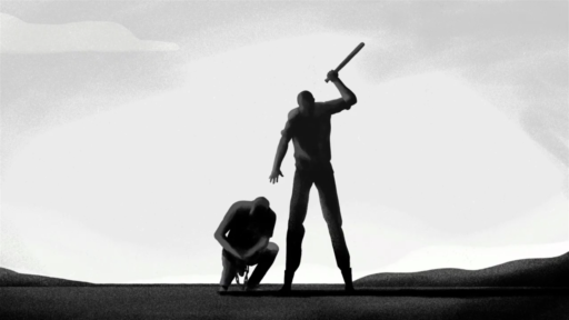 Les silhouettes d'un homme debout qui lève un bâton au-dessus d'un autre homme, accroupi par terre, les mains liées par des chaînes.