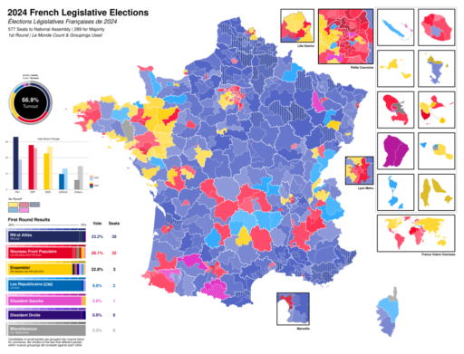 carte des résultats au premier tour de l'élection législative de 2024 par circonscription