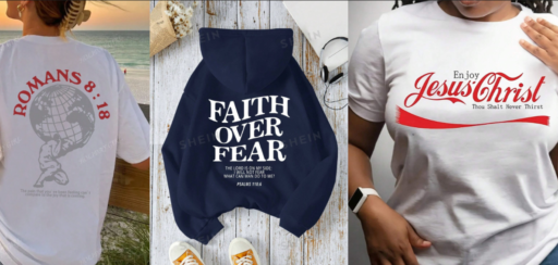 Photo de trois hauts vendus par Shein: le modèle de droite porte un tee-shirt avec un verset biblique et l'image d'un homme qui porte le monde sur ses épaules. Au centre, le sweat-shirt portant l'inscription "Faith over fear". A droite, le modèle porte un tee-shirt où est écrit «Savoure Jésus-Christ et tu n'auras jamais soif» en anglais. Dans cette dernière inscription, les mots "Jésus-Christ" sont écrit avec la même écriture que celle du logo Coca-Cola.